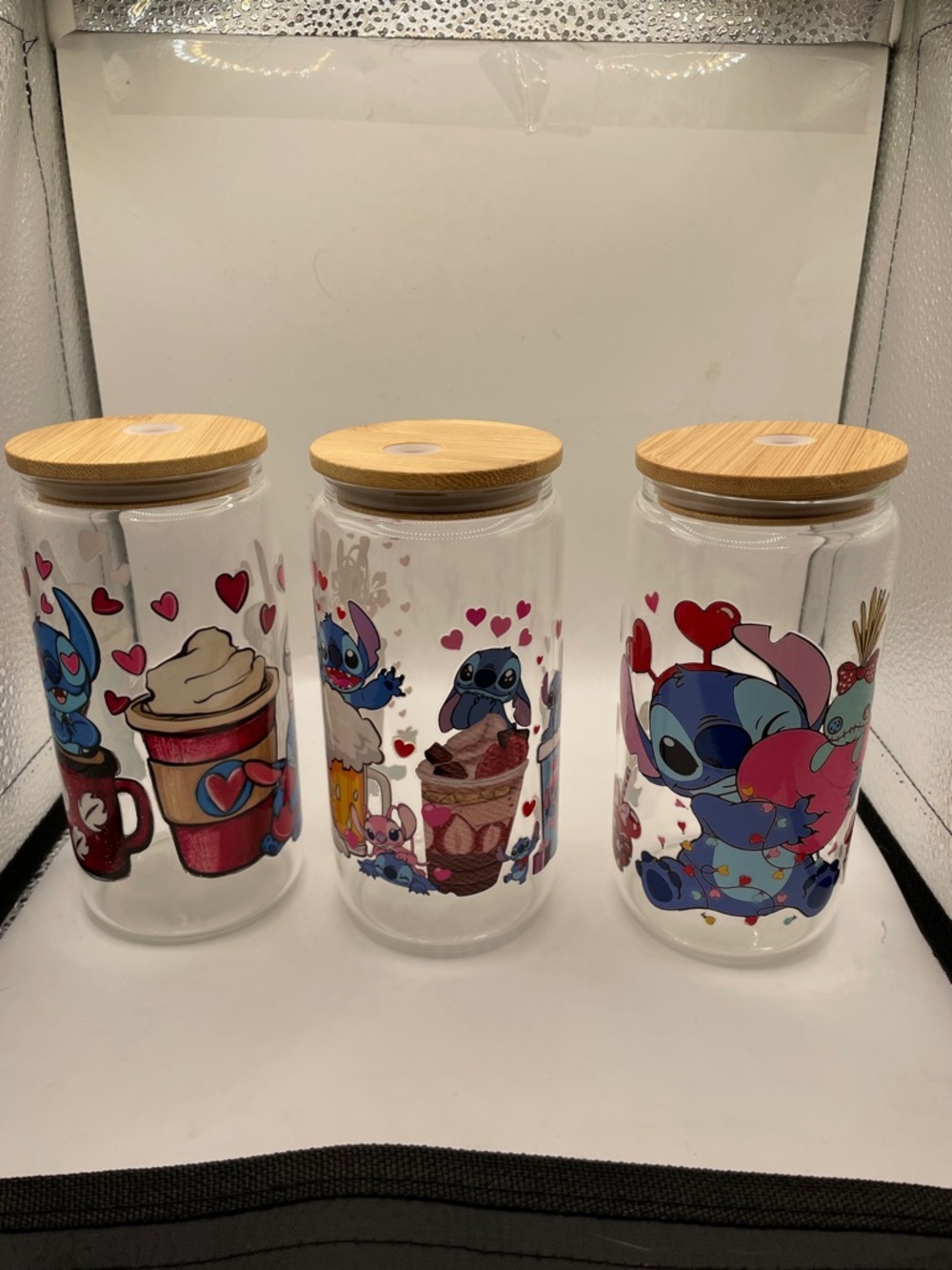 Hand Crafted Blue Stitch Valentine Glass Canisters with Bamboo Lids